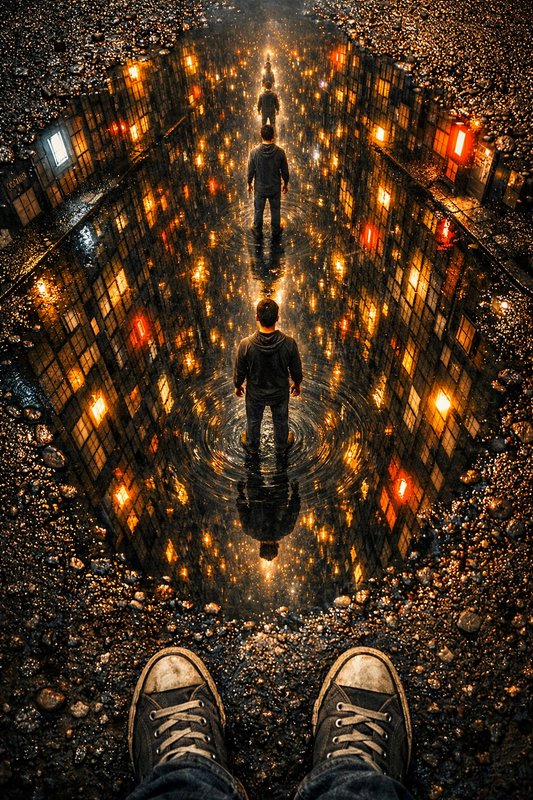 First person view of worn sneakers overlooking a surreal recursive rain puddle with reflected fig...