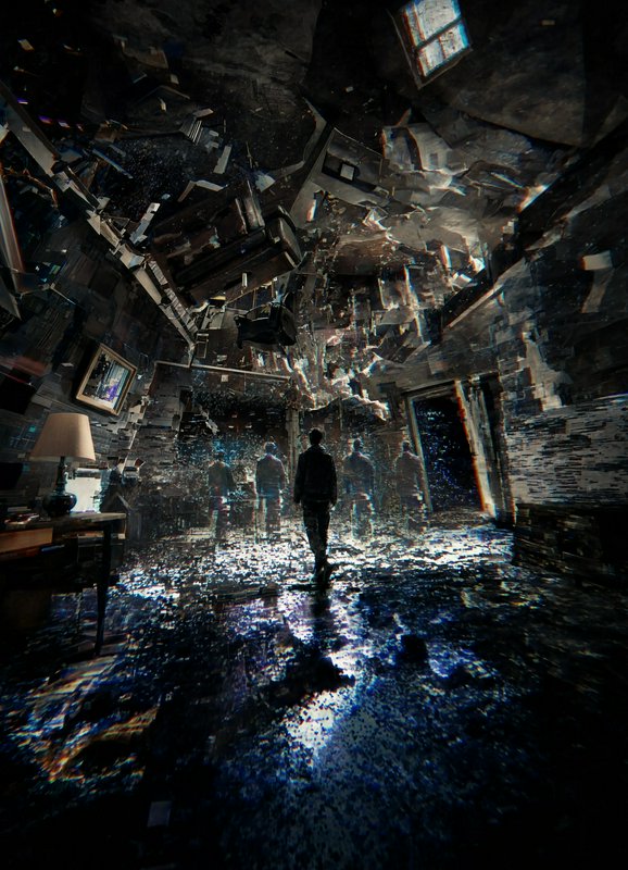 Silhouetted person walks through glitching fractured surreal room, flanked by ghostly duplicate f...