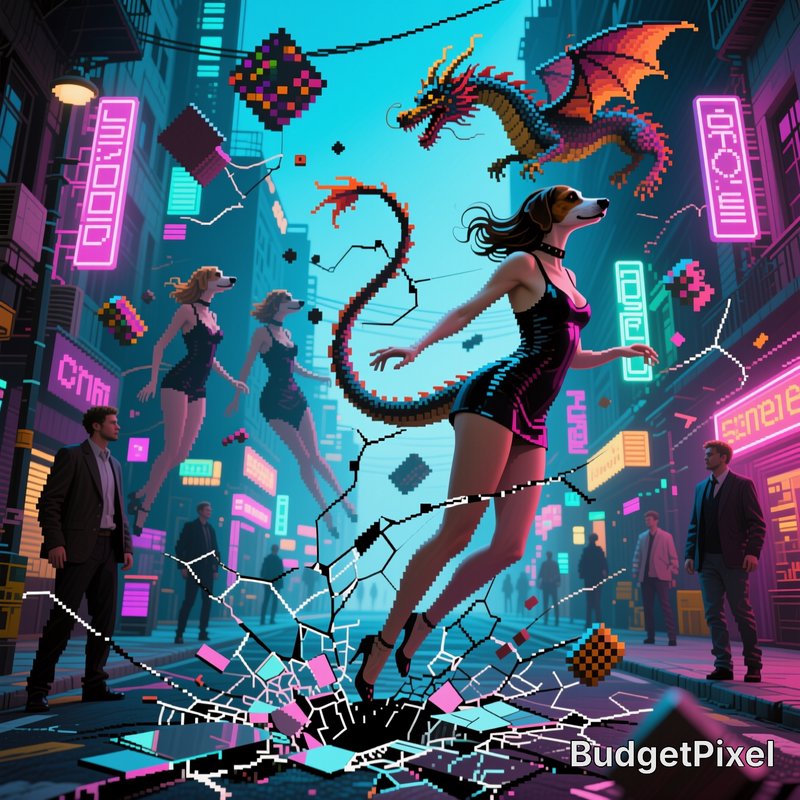 Surreal pixel cyberpunk scene with floating dog-headed women, flying pixel dragon, and glitching ...