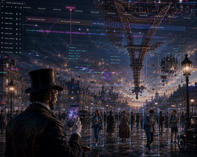 Surreal composite scene: Victorian man holds a smartphone, video editing UI overlays a glitching ...
