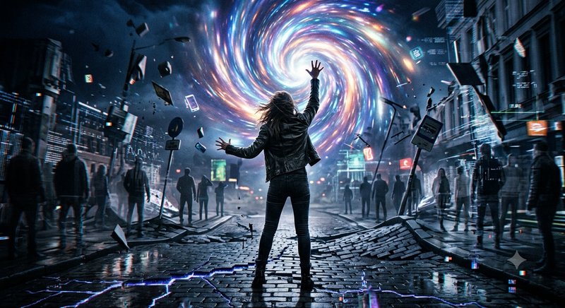 Woman with raised arms summons a glowing swirling interdimensional portal above a cracked, rain-slicked cyberpunk city