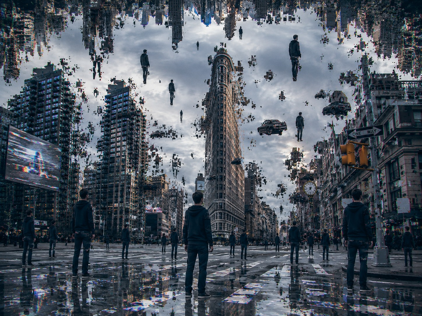 Surreal glitch art of NYC's Flatiron District, with floating figures, inverted glitched skyscrapers, and duplicate people ...