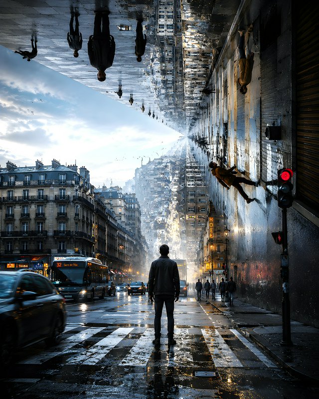 Surreal inverted Paris street scene, lone man stands on wet crosswalk beside an upside down mirrored floating urban