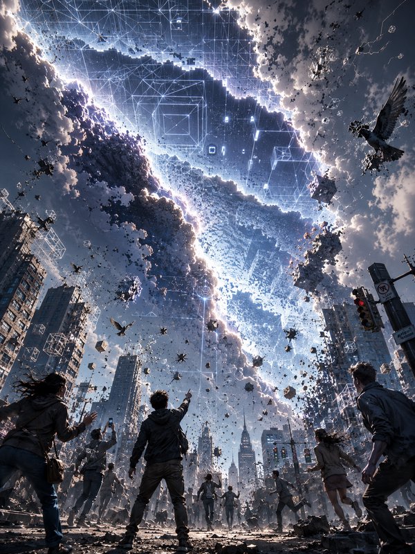 Shocked city residents look up as a glowing wireframe digital matrix tears open the sky above a downtown skyline.