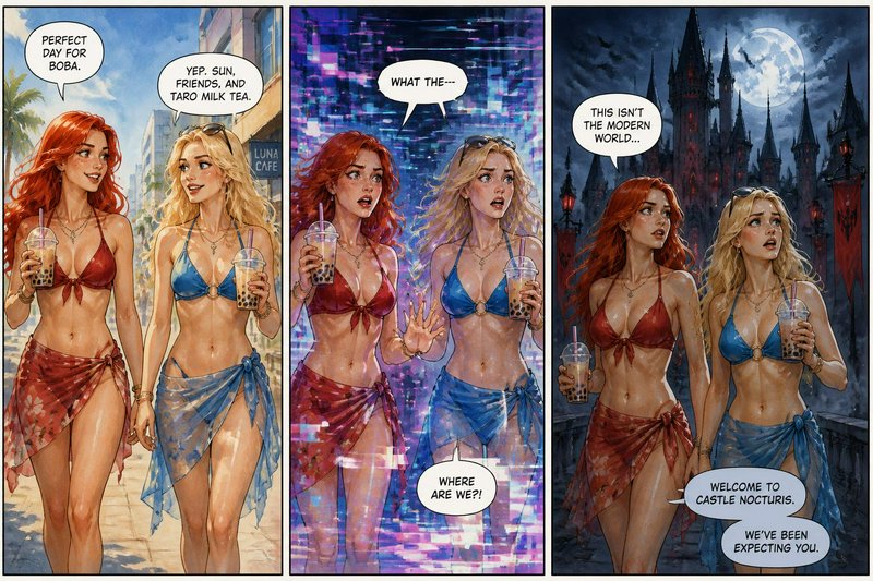 3-panel fantasy comic of two boba tea-drinking friends magically transported from a sunny city st...