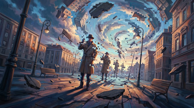Surreal glitch illustration of noir detectives on a crumbling city street, as the world dissolves...