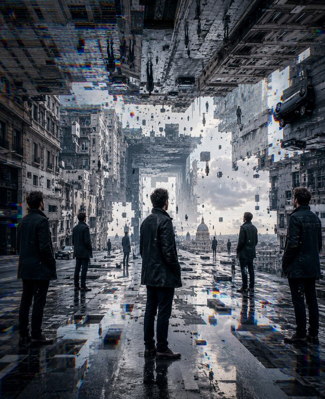 Surreal glitch art of a gravity-defying Paris city street with floating inverted buildings and du...