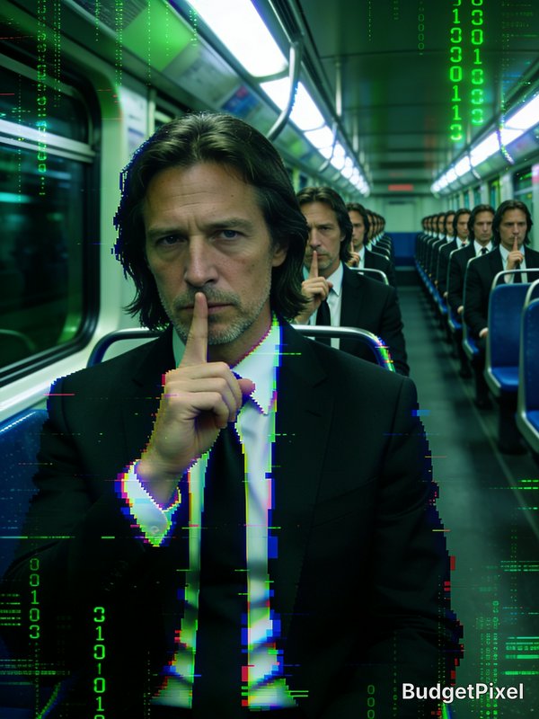 Glitch art of identical suited men holding shush gestures seated in a subway with green binary co...