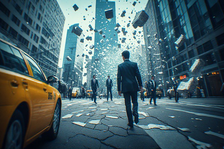 Surreal NYC street scene with floating exploding debris, cracked pavement, suited commuters, and yellow taxi between