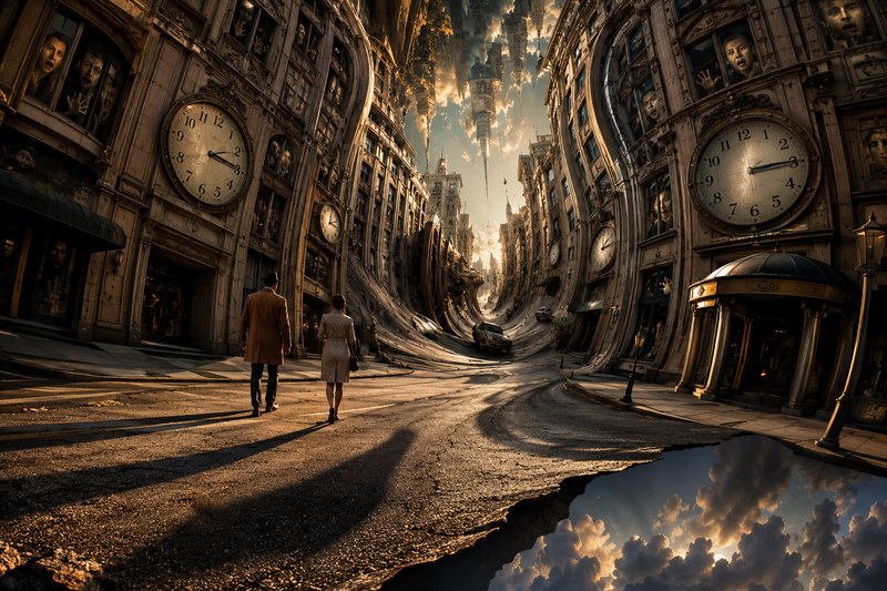 Surreal warped vintage city street lined with giant building clocks, two pedestrians, and inverte...