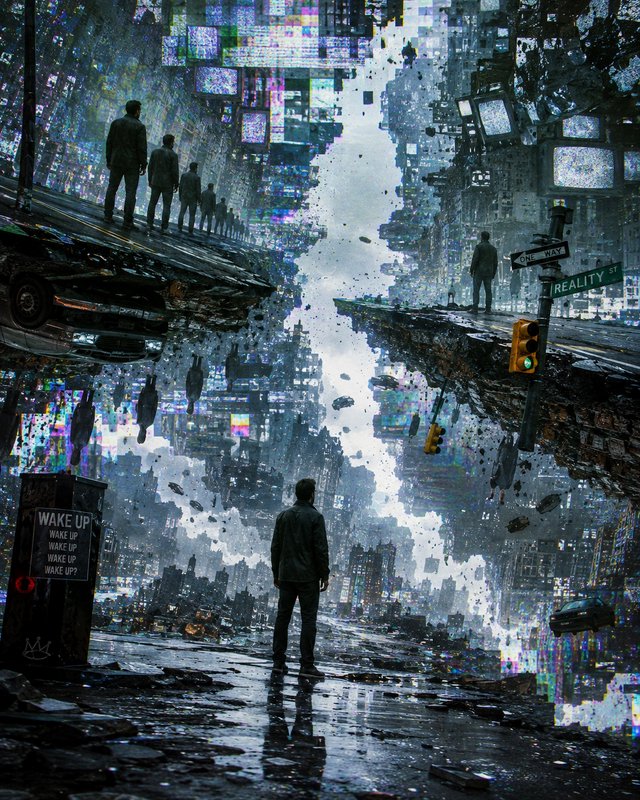 Surreal glitch dystopian cityscape with floating broken roads, lone figure, "Wake Up" sign, and R...