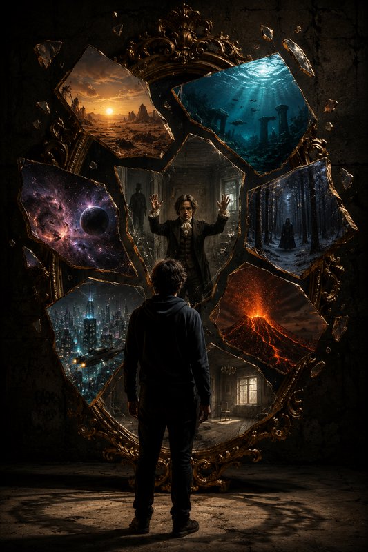 "Person stands facing a shattered ornate golden mirror, each broken shard acting as a portal to d...