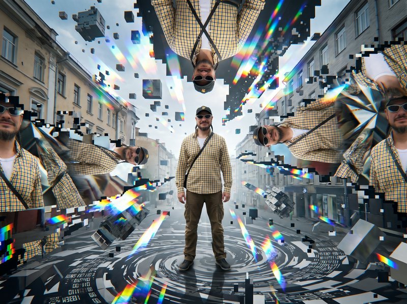 Surreal glitch art showing a man surrounded by floating mirrored duplicates in a distorted pixela...