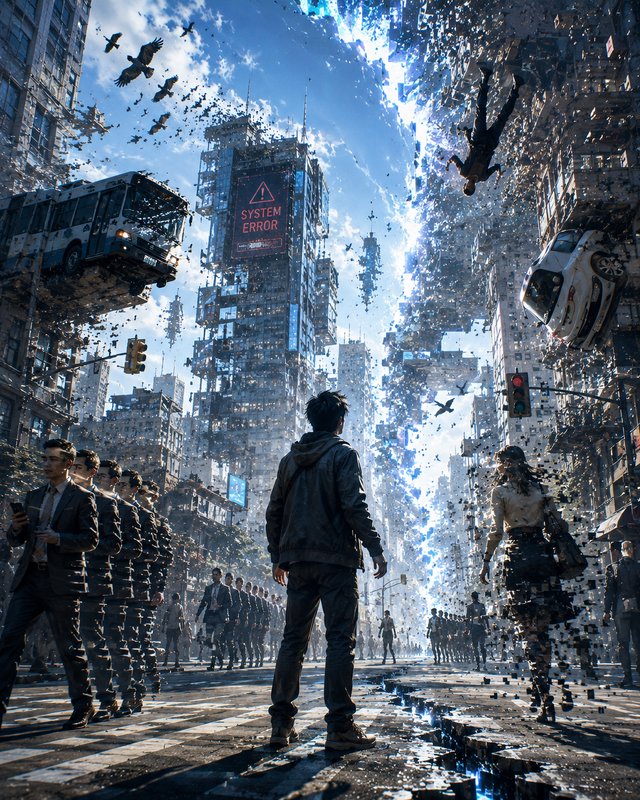A lone man stands in a glitching disintegrating city, with floating vehicles and a "SYSTEM ERROR" warning on a central