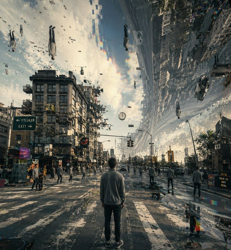 Surreal glitched city crosswalk, lone man standing, warped gravity, floating upside-down people a...