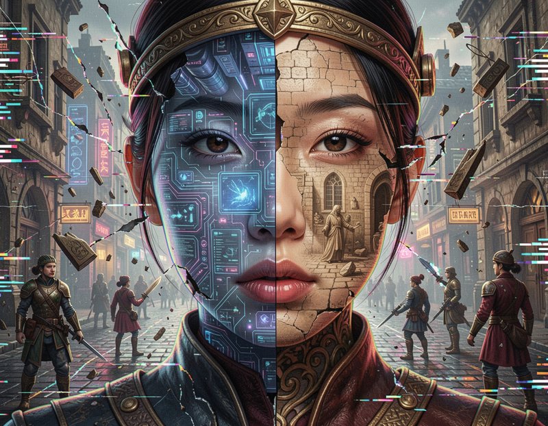 Surreal split portrait of a woman, half glowing cybernetic tech, half cracked medieval stone, gli...