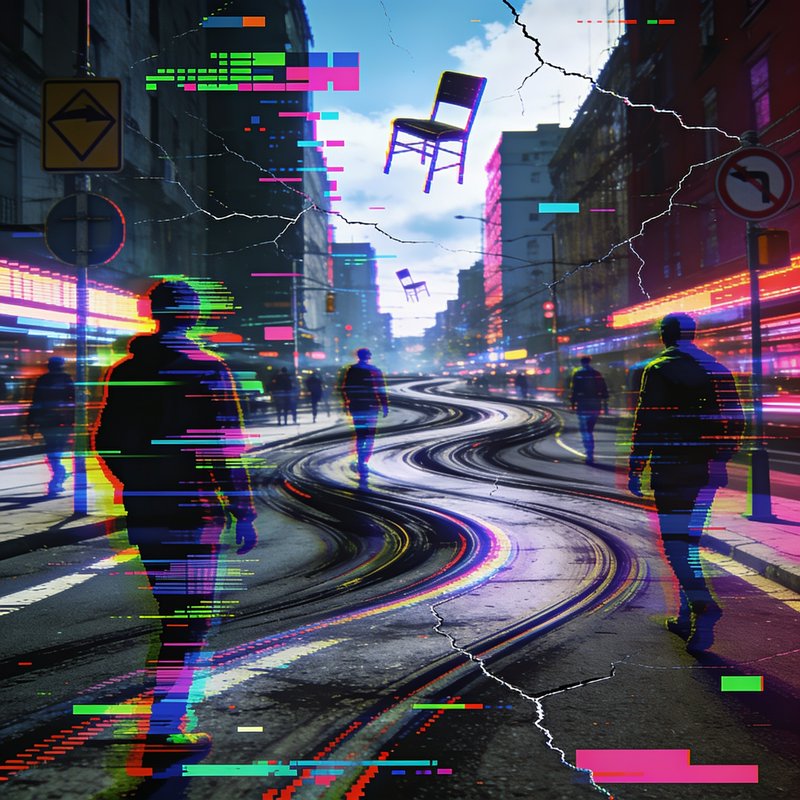 Glitch art cyberpunk city street with distorted pedestrian silhouettes, floating chairs, and vibr...