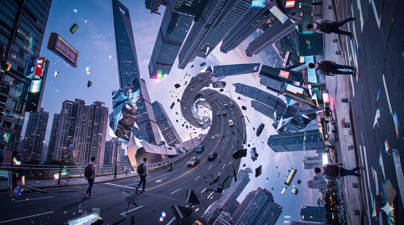 Surreal glitch art cityscape with swirling spiral highway, warped floating skyscrapers, digital f...