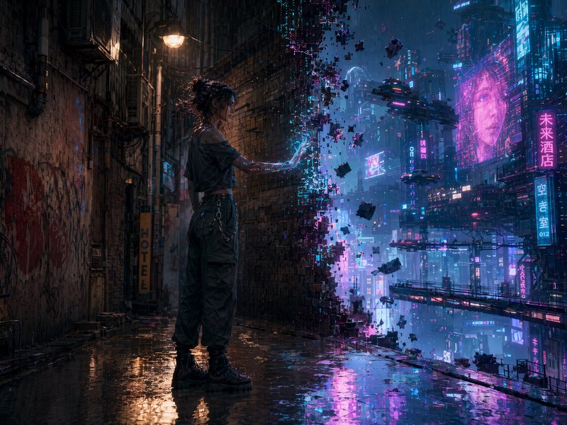 Young woman in a gritty rainy cyberpunk alley reaches for a disintegrating pixel wall revealing a...