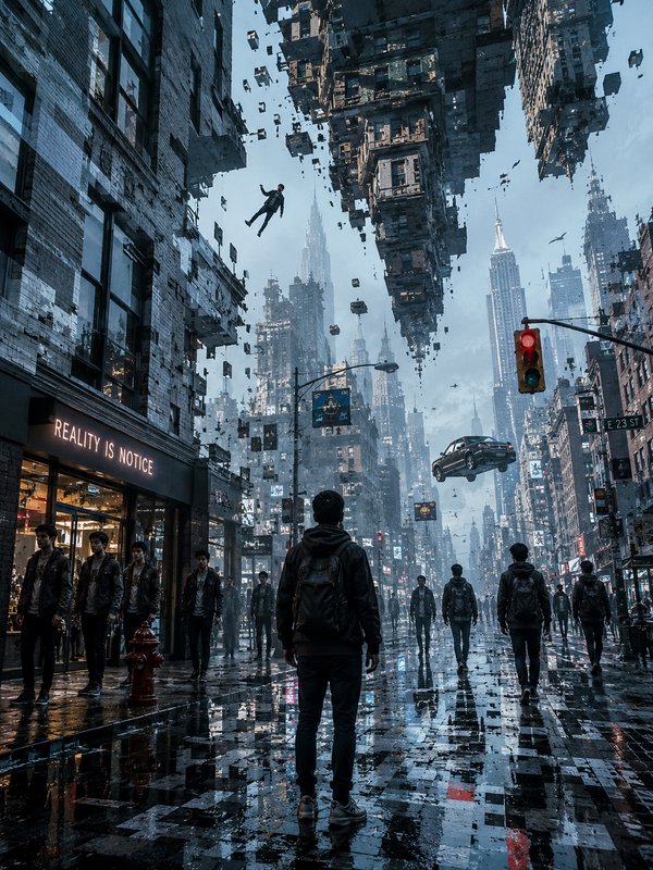 Surreal glitch art of distorted New York street with floating fragmented buildings, floating car, duplicated