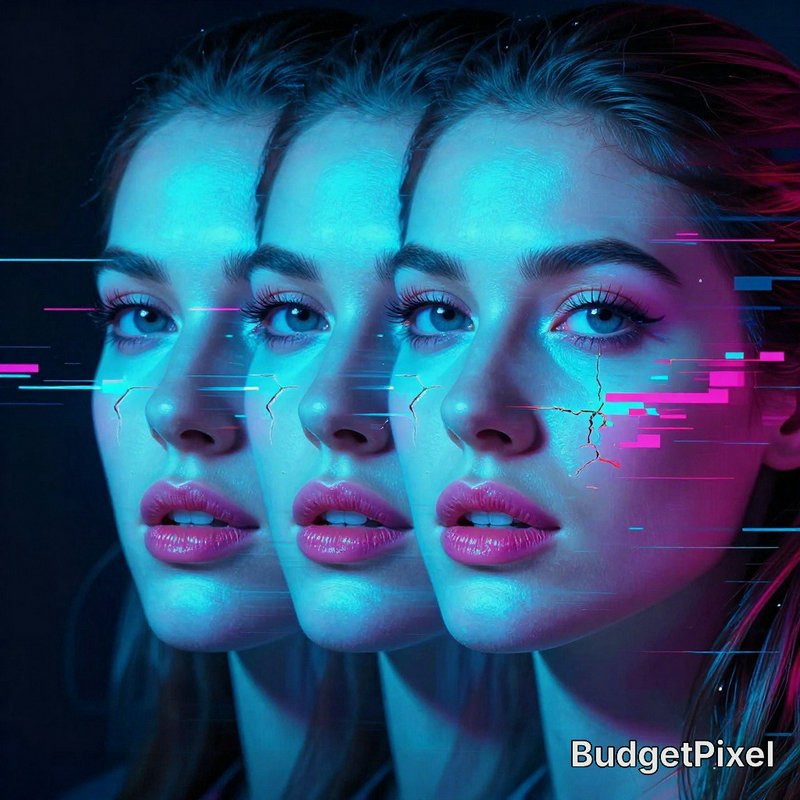 Overlapping glitch effect portrait of identical women lit with neon cyan and magenta cyberpunk li...