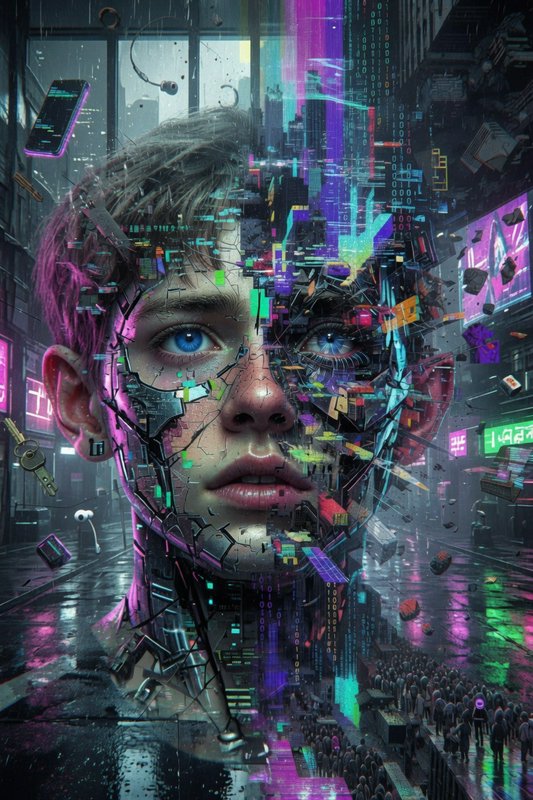 Surreal glitch cyberpunk portrait of a young person merging with a neon rain-soaked futuristic cityscape.