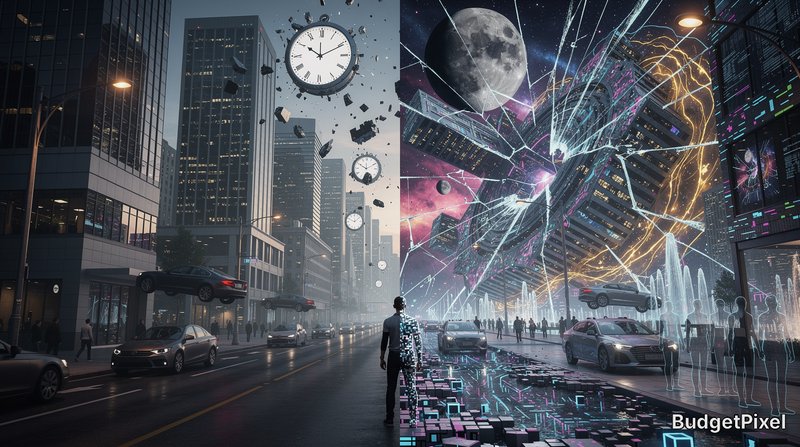 Surreal split diptych: half-cyborg man stands between a time-warped modern city and glitchy cyber...