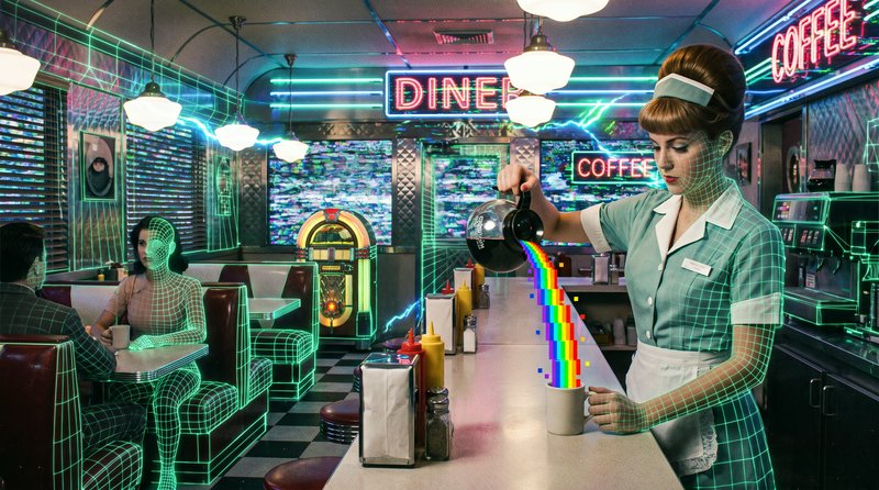 Surreal retro 1950s diner: wireframe waitress pours pixel rainbow coffee, glowing neon signs, sea...