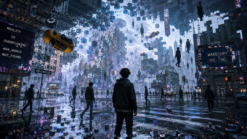 Surreal glitching cyberpunk city intersection with floating people, taxis, and fragmented reality...