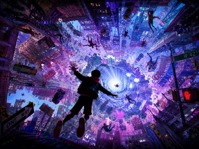 Animated shot of Miles Morales mid-free fall through a swirling glitching neon NYC dimensional vo...
