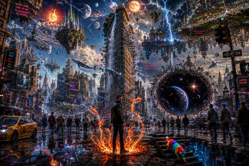 Surreal glitch fantasy cityscape of a reality-breaking New York street, with floating islands, co...