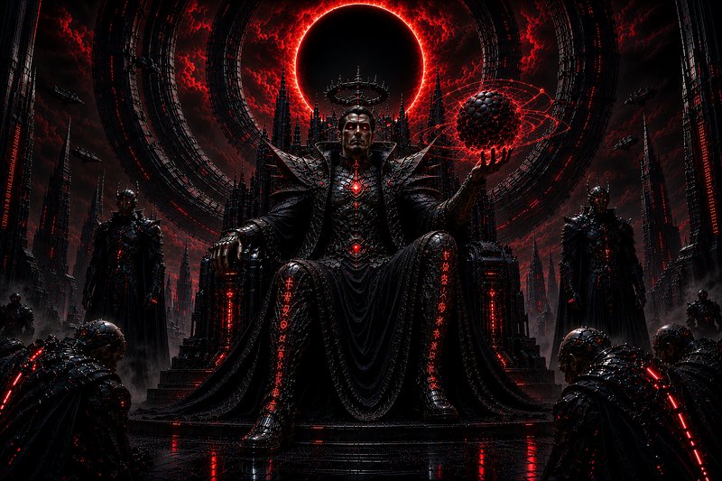 Menacing dark sci-fi emperor sits on a spiked black throne holding a glowing red orb, beneath a b...