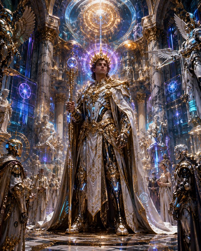 Ornate futuristic sci-fi king in gold cyber armor holds a scepter, standing in a glowing gilded h...