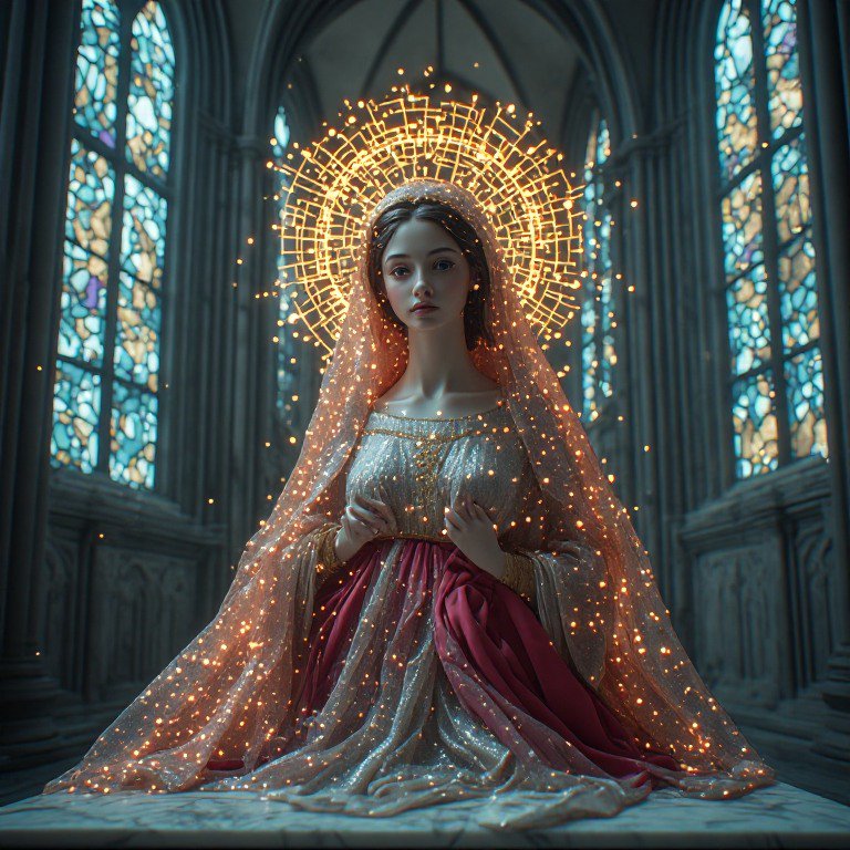Serene holy feminine figure with glowing geometric golden halo seated inside a gothic cathedral w...