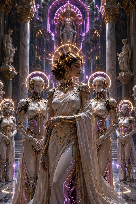 Regal sci-fi empress with glowing golden halo stands flanked by robotic attendants in an ornate n...