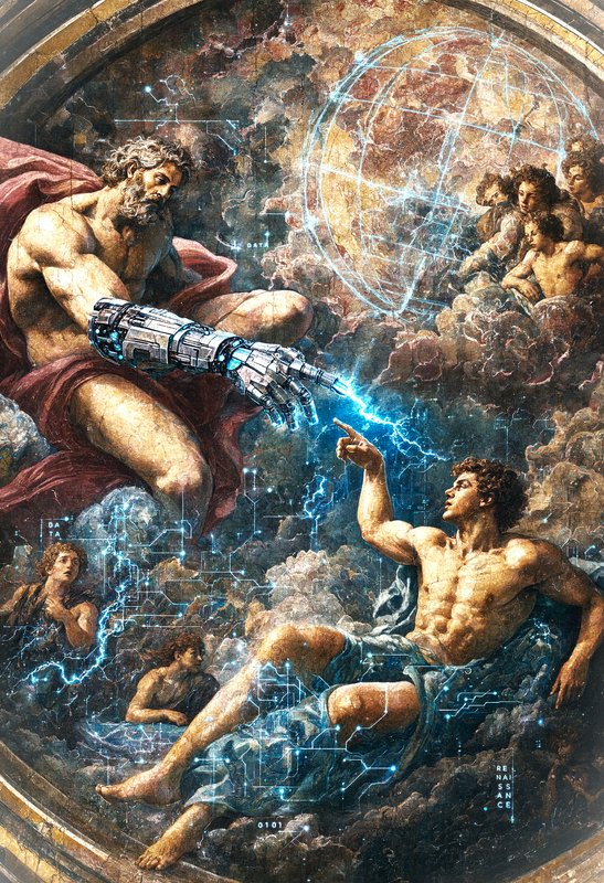 Cyberpunk reimagining of The Creation of Adam, with a robotic prosthetic arm on the upper figure ...