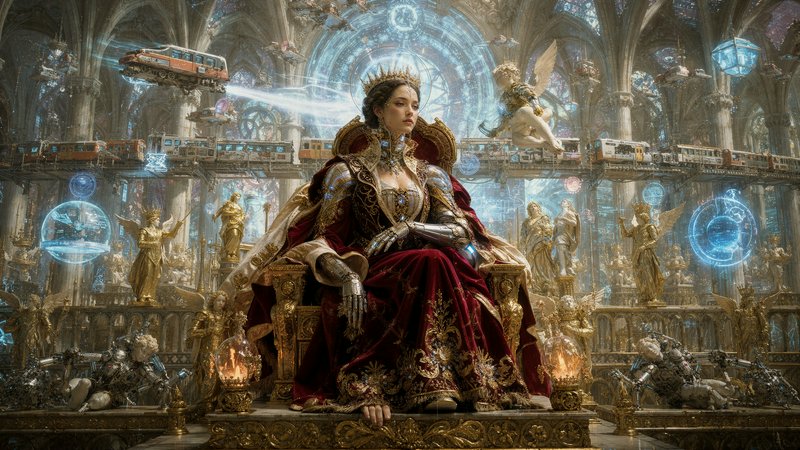 Regal steampunk cyber empress sits on an ornate gilded throne inside a grand futuristic gothic ca...