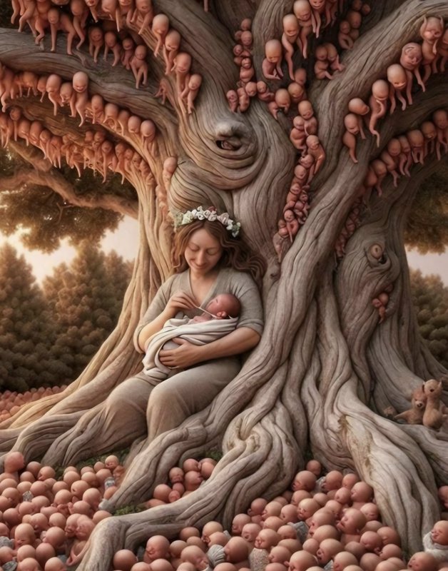 Surreal fantasy art of a flower-crowned mother holding a newborn beneath a living tree covered in...