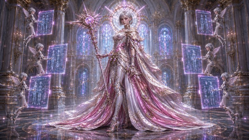 Regal cybernetic fantasy empress with glowing halo holds a scepter, flanked by winged android ang...