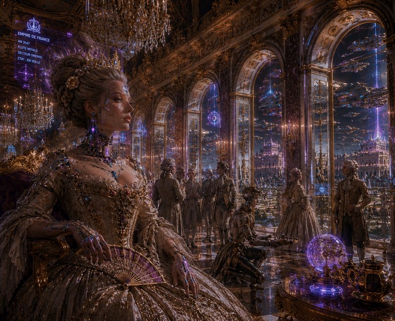 Cybernetic rococo empress sits in an opulent Versailles-style hall, with holographic tech and spa...