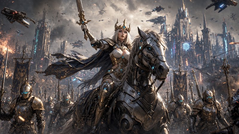 Crowned fantasy warrior queen raises a gilded sword while mounted on an armored cybernetic warhor...
