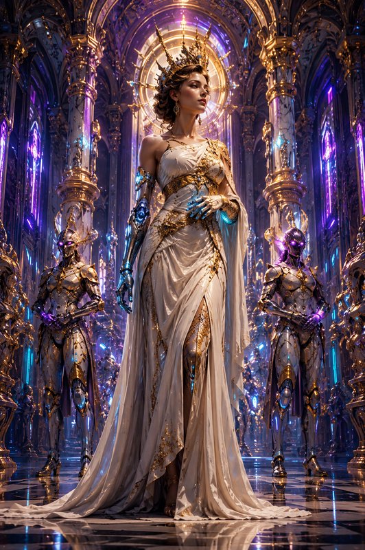 Cybernetic royal queen with golden crown stands flanked by armored robot guards inside a glowing ...