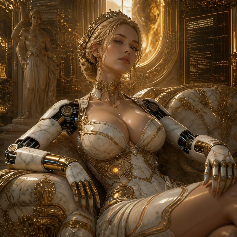 Regal blonde cyborg queen with marble-and-gold mechanical limbs reclines on an ornate throne in a...