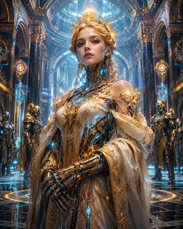 Regal cybernetic queen with golden crown stands in ornate glowing futuristic palace flanked by ar...