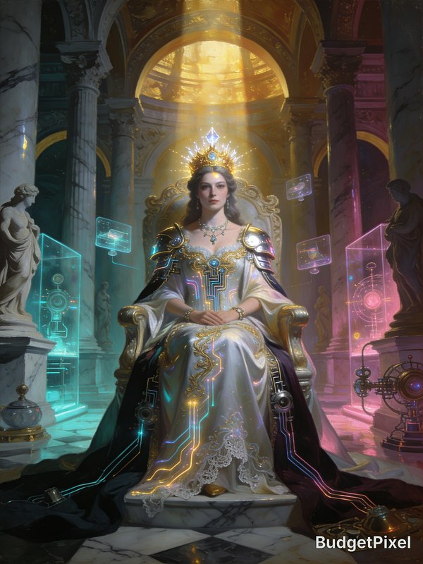 Regal cyber-fantasy queen with glowing jeweled crown seated on an ornate throne in a futuristic b...