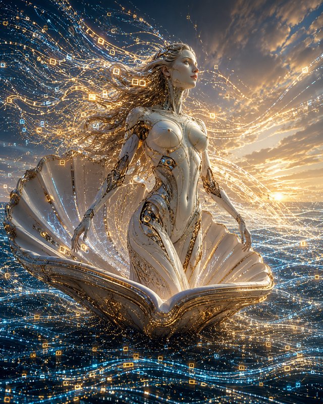 Futuristic cyborg Aphrodite stands in a giant ornate seashell on a glowing digital ocean, surroun...