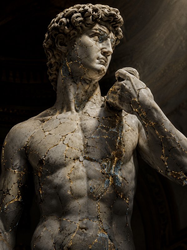 Surreal reimagining of Michelangelo's David statue with kintsugi cracks revealing embedded cybern...