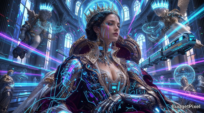 Cybernetic futuristic queen sits on an ornate gilded throne, surrounded by floating angelic statu...