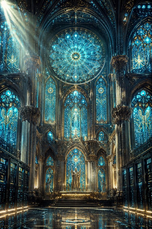 Ornate gothic fantasy cathedral interior with glowing blue stained glass, gilded altar, and sunbe...