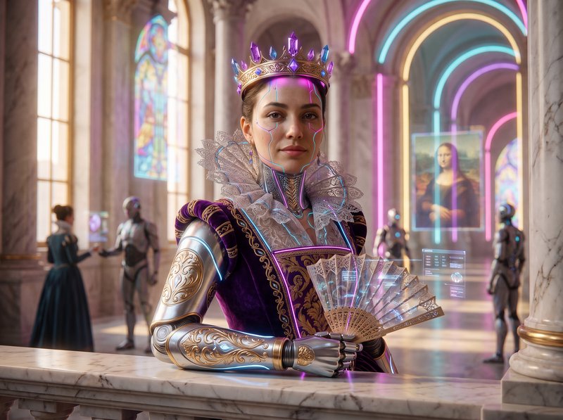 Cyborg renaissance queen with glowing neon accents holds a fan inside a futuristic neon-lit royal...